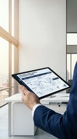 Businessman in navy suit holding tablet displaying financial analytics dashboard with charts and data in modern office with city skyline view.