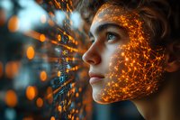 Young woman with digital network overlay on face looking at glowing data visualization. Artificial intelligence and machine learning concept for technology presentations.