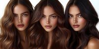 Three young women with different shades of long wavy brunette hair, glowing skin and natural makeup showcasing hair color variations from dark to light brown.