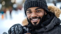 Young African American man smiling outdoors in winter, wearing black knit beanie and warm parka jacket with fur hood, showing genuine happiness against snowy background.