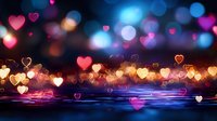 Glowing heart shaped bokeh lights reflecting on water surface against dark background with pink and blue magical holiday atmosphere.