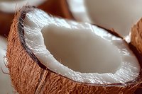 Fresh coconut half showing white flesh and brown fibrous shell in macro photography. Natural tropical fruit with detailed texture and nutritious meat.