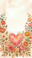 Watercolor floral frame with pink heart center, roses and peonies on textured background for romantic wedding invitations and greeting cards.