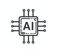 Minimalist AI processor chip icon with circuit connections and AI text in monochrome style, isolated on white background for technology designs and logos.