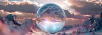 Crystal glass sphere reflecting winter mountain landscape with dramatic sunset sky and clouds, magical light beam shining through transparent ball on snowy surface.