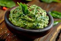 Fresh guacamole dip with mashed avocado, lime juice, cilantro and chili peppers served in rustic clay bowl on wooden table, garnished with spinach leaves.