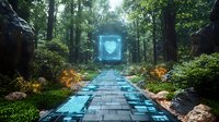Mystical forest pathway with glowing blue holographic heart portal, stone steps illuminated by futuristic lights, surrounded by lush greenery and magical atmosphere.
