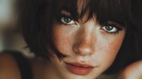 Close-up portrait of young woman with freckles, short dark hair with bangs, and intense gaze looking directly at camera. Natural beauty concept.