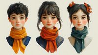 Young Asian women portraits wearing cozy winter scarves in orange and teal colors, stylized digital art with soft lighting and detailed facial features showing gentle expressions.