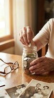 Senior person saving coins in glass jar for retirement planning and financial security at home with vintage family photos nearby.