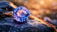 Purple round cut gemstone on dark rock surface with golden bokeh background and sunlight creating magical atmosphere for luxury jewelry presentation.