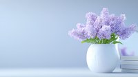 Fresh lilac flowers in white textured ceramic vase against soft blue background with stacked books, creating serene minimalist spring composition with copy space.