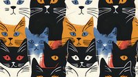Seamless pattern of cat faces in different colors - black, white, orange, and blue. Repeating feline heads with expressive eyes and whiskers create modern design.