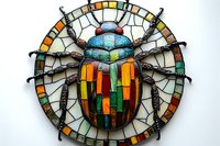 Decorative stained glass beetle artwork featuring vibrant orange, turquoise, and green mosaic pattern on white background, suitable for home decor and wall art.