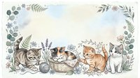 Adorable kittens playing with yarn balls in decorative floral frame with eucalyptus leaves and lavender on soft watercolor background for nursery decor.