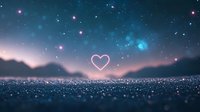 Glowing heart shape floats above sparkling surface against dreamy night sky with stars and bokeh lights in pink and blue mystical atmosphere.
