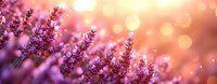 Lavender flowers blooming in soft purple hues with warm golden sunlight and dreamy bokeh background creating peaceful aromatherapy garden atmosphere.