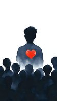 Silhouette of person with red heart standing out from crowd against white background, watercolor style illustration showing individuality and love concept.