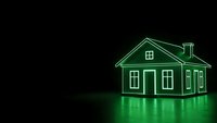 Green neon outline house glowing on dark background with reflection. Modern minimalist real estate concept for property investment and home ownership.