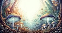 Enchanted forest clearing with oversized mushrooms and ferns bathed in golden sunlight, surrounded by twisted roots and woodland flora, suitable for fantasy illustrations and magical storytelling projects.