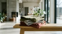 Stack of folded linens and textiles on wooden table in bright modern home interior with plants and windows, laundry and household organization.