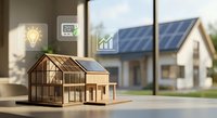 Wooden house model with solar panels on desk showcasing sustainable energy solutions and eco-friendly architecture for green building concepts.
