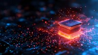 Glowing microprocessor unit emitting red and blue light particles on circuit board background, representing artificial intelligence and quantum computing technology.