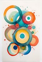 Vibrant watercolor circles in teal, orange, and yellow create dynamic abstract composition with splashes and overlapping rings on white background.