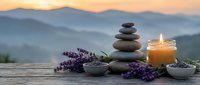 Zen meditation setup with stacked stones, lavender flowers and burning candle on wooden surface against misty mountain landscape at sunset for relaxation.