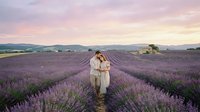 Couple embracing in blooming lavender field at sunset, romantic countryside landscape with rolling hills and golden hour lighting.