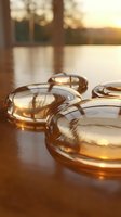 Golden glass bowls reflecting warm sunlight on wooden table near window during sunset creating elegant dining atmosphere for home decor and kitchen styling.