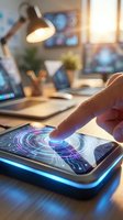 Hand touching futuristic holographic interface on tablet screen with glowing digital elements in modern office workspace with warm lighting and technology setup.