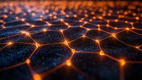 Glowing orange hexagonal network pattern on dark textured surface with illuminated connections creating futuristic technology grid background for digital concepts.