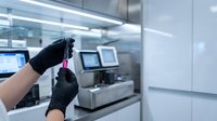 Laboratory technician in black gloves holding pink liquid sample in test tube for medical research and analysis in modern clinical facility.