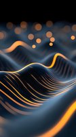 Abstract digital waves with glowing orange lines flowing over dark background creating dynamic futuristic landscape with bokeh light effects.