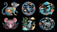 Six colorful Chinese zodiac rat clipart set, isolated on transparent background, ready for stickers, T-shirts, print on demand, and sublimation design use.