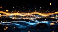 Magical glowing waves with golden and blue light effects, sparkles and bokeh on black background. Abstract flowing energy design for luxury backgrounds.