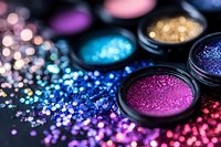 Colorful makeup eyeshadow palette with glitter particles scattered on dark surface creating vibrant beauty cosmetics display for professional artistry.