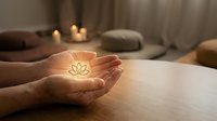 Hands holding glowing lotus flower symbol in meditation space with candles and cushions, representing spirituality, mindfulness and inner peace for wellness and yoga content.