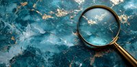Vintage magnifying glass on luxury turquoise and gold marble texture background. Golden brass loupe for investigation and search concept.