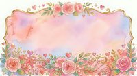 Watercolor floral frame with pink roses, hearts, and golden foliage on isolated transparent background. Perfect for wedding invitations, greeting cards, and design projects.