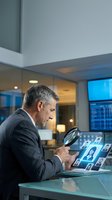 Mature businessman examining candidate profiles with magnifying glass in modern office for recruitment and hiring process.