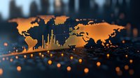 Digital world map with glowing orange data visualization elements and financial chart graphs on dark background, global business analytics concept.