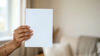 Hand holding blank white paper sheet indoors with natural light, suitable for mockup, advertising, and presentation designs.