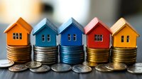 Colorful miniature houses placed on stacks of coins showing real estate investment, property market growth, and housing finance concept in bright perspective.