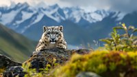 Snow leopard resting on rocky outcrop against dramatic mountain backdrop with snow-capped peaks, green moss in foreground creates natural framing for wildlife photography.