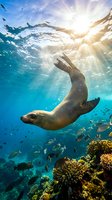 Playful sea lion swimming underwater through sunbeams in crystal clear tropical ocean waters with vibrant coral reef and colorful fish below.