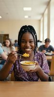 Happy African American college student eating healthy meal in university cafeteria dining hall with classmates in background during lunch break.