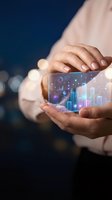 Businessman holding smartphone displaying holographic cityscape with digital data analytics, charts, and network connections for technology and business solutions.