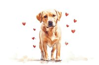 Adorable yellow Labrador retriever puppy standing with red heart decorations on white background, watercolor style artwork for greeting cards and valentines designs.